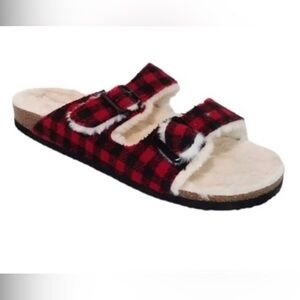 Madden Girl Woman’s Butterfly Slide Sandal Red Check Faux Fur Size 10 NWOB